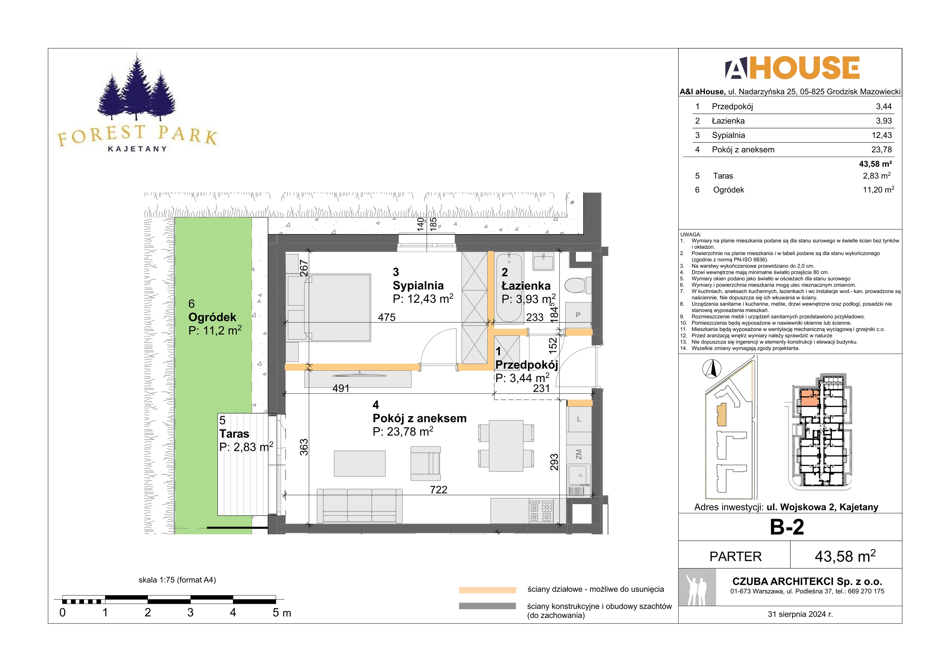 2 pokoje, mieszkanie 43,58 m², parter, oferta nr B-2, Forest Park Kajetany, Kajetany, ul. Wojskowa 2